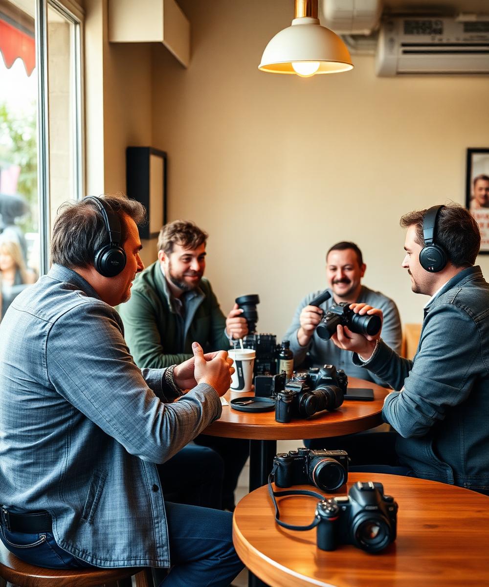 Grupo de fotógrafos conversando ao redor de uma mesa em um encontro informal