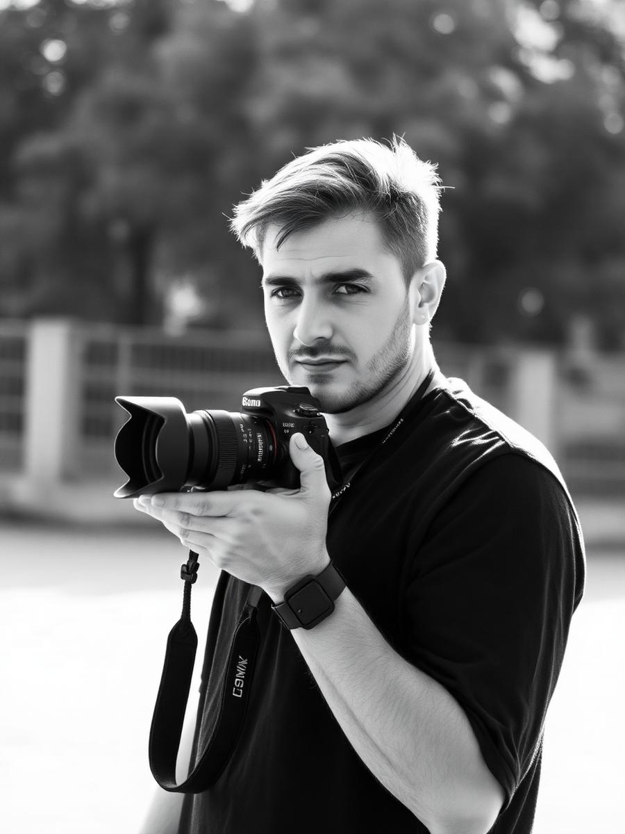 Retrato em preto e branco de um fotógrafo segurando sua câmera