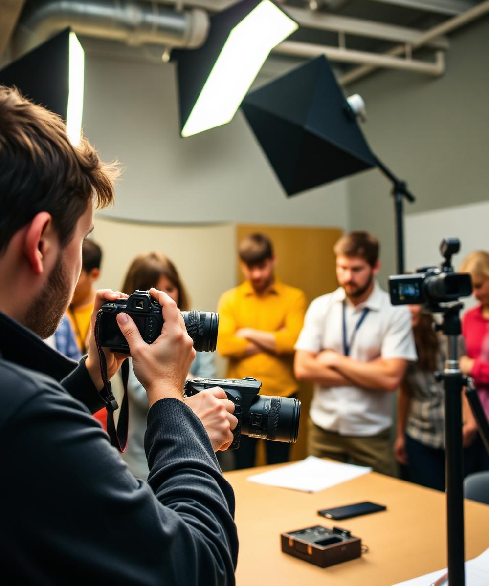 Fotógrafo demonstrando ajustes de câmera para participantes de uma oficina