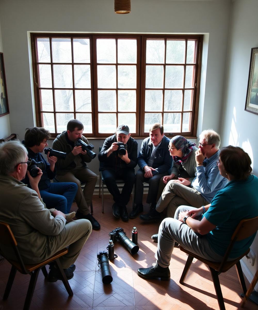 Fotógrafos sentados em círculo durante uma roda de conversa sobre fotografia